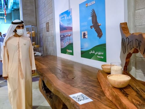 His Highness Sheikh Mohammed bin Rashid Al Maktoum at the Bolivia Pavilion in Expo 2020 Dubai today.