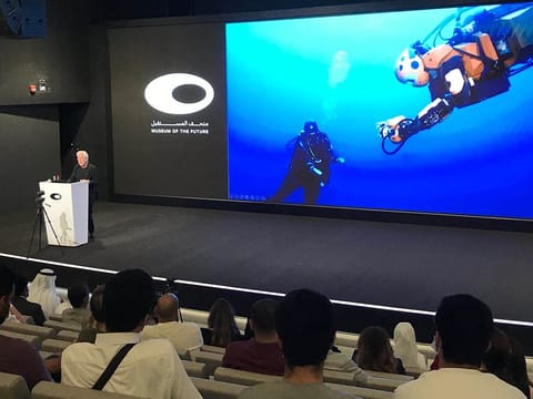 Oussama Khatib speaking about OceanOne, "the world’s first humanoid submarine robotic diver", during his presentation