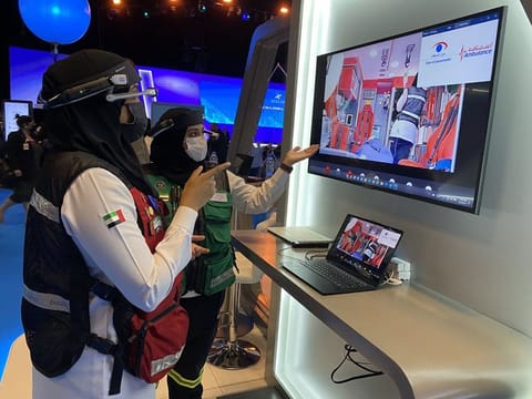 Dubai Corporation for Ambulances staff demonstrate how Eye of Paramedic works during Dubai Health Forum