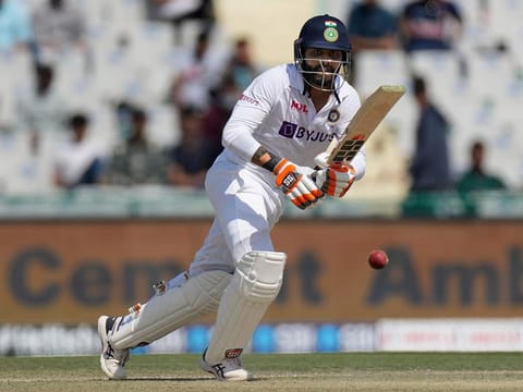 Ravindra Jadeja, who hit a career-best unbeaten 175, on drives during his innings against Mohali on Saturday.