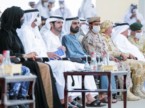 Sheikh Mohammed bin Rashid Al Maktoum, Sheikh Hamdan bin Mohammed bin Rashid Al Maktoum and senior UAE officials watching the ‘Union Fortress 8’ military parade in Dubai