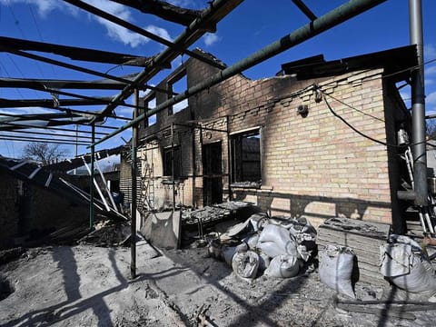 A picture shows the ruin of a deserted home, damaged by Russian shelling, near the frontline village of Horenka, north of Kyiv, on March 10, 2022.