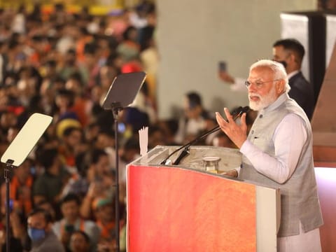 Prime Minister Narendra Modi addresses party supporters at the BJP Headquarters during a celebration following the party's win in Assembly elections of Uttar Pradesh and others states, in New Delhi
