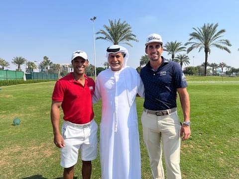Ahmed Al Musharrekh (left) with Vice-Chairman of the EGF Gen. Abdullah Alhashmi and DP World Tour player Rafa Cabrera Bello