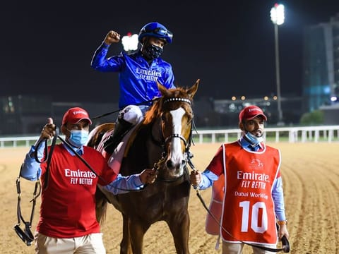 Mystic Guide, ridden by jockey Luis Saez and trained by Michael Stidham, won the 25th Dubai World Cup at Meydan on March 27, 2021.
