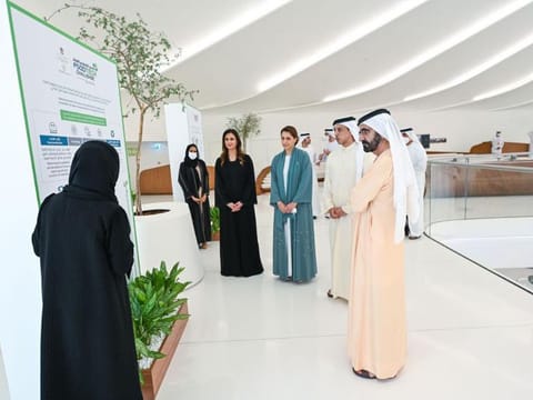 Mohammed Bin Rashid, Sheikh Mansour and Mariam Almheiri at the launching of the Global FoodTech Challenge at EXPO 2020 Dubai on Friday..
