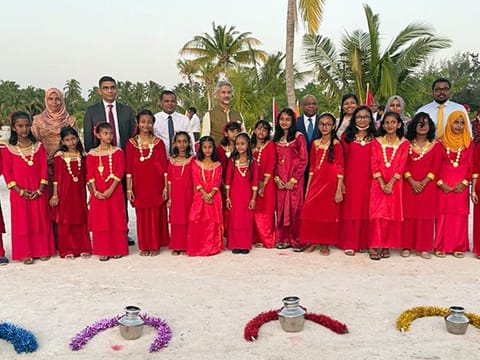 India's External Affairs Minister Dr S Jaishankar in a group picture with Maldives Foreign Minister Abdulla Shahid and Addu city Mayor Ali Nazir during the inauguration of Meedhoo eco-tourism zone, on Sunday.