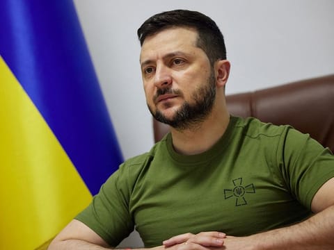 Ukrainian President Volodymyr Zelensky addresses South Korean parliament via video link, as Russia's attack on Ukraine continues, in Kyiv, Ukraine April 11, 2022.