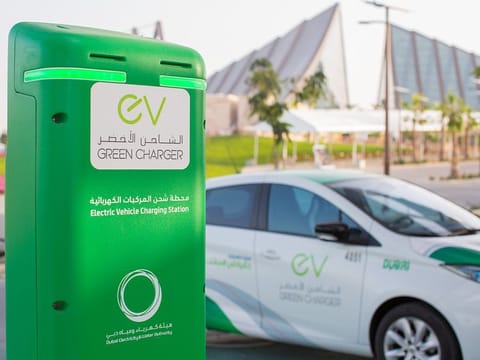 An electric car charging station in Dubai installed by DEWA