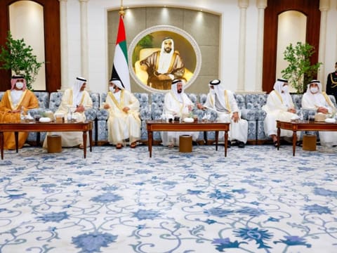 A reception was hosted by His Highness Sheikh Mohammed bin Rashid Al Maktoum, Vice President, Prime Minister and Ruler of Dubai; and His Highness Sheikh Mohamed bin Zayed Al Nahyan, Crown Prince of Abu Dhabi and Deputy Supreme Commander of the UAE Armed Forces; for Their Highnesses the Supreme Council Members and the Rulers of the Emirates, and Their Highnesses the Crown Princes and Deputy Rulers, at Al Mushrif Palace in Abu Dhabi.