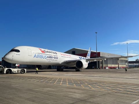 An Airbus A350-1000 test plane at Sydney Airport.