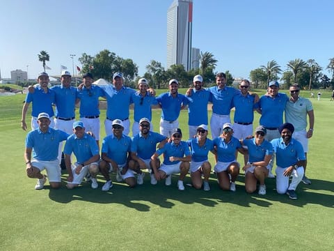 The victorious UAE Pro Team on the 18th green of the Majlis Course at Emirates Golf Club on completion of the two day Dubai Golf Trophy match.