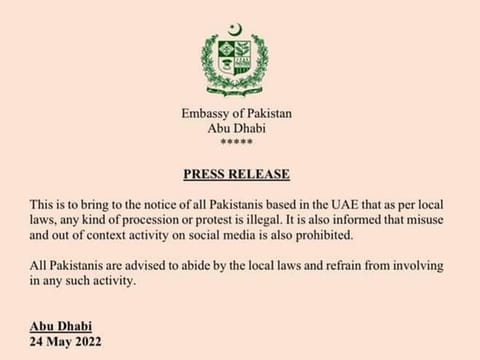 Pakistan Embassy in Abu Dhabi issues advisory urging Pakistani expats in the UAE to refrain from holding any political processions or protests in violation of the UAE laws.