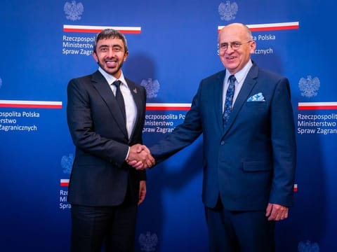 Sheikh Abdullah bin Zayed Al Nahyan, UAE Minister of Foreign Affairs and International Cooperation, with Zbigniew Rau, Minister of Foreign Affairs of Poland, in Warsaw.