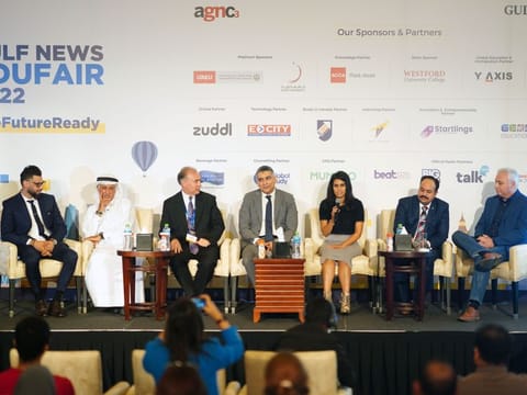 (L to R) Dr Naveed Yasin, Professor of Entrepreneurship and Coordinator for Interdisciplinary Enterprise Education, Canadian University Dubai, Dr Eesa Mohammed Bastaki, President, University of Dubai, Daniel Adkins, Group CEO, Transnational Academic Group, Curtin University Dubai, Mohammad Meraj, Head of Academic Professional Services and Quality and Lecturer in Business, Middlesex University Dubai, Roshini Barot, Employer Engagement and Skills Development Manager, University of Birmingham Dubai, Dr Sudhir Rana, Associate Professor and Program Director, Gulf Medical University, Jan Horn, Managing Director, Sae Creative Media