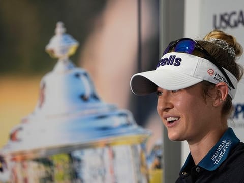 Back in business: Nelly Korda addresses her press conference ahead of US Women's Open on Tuesday.