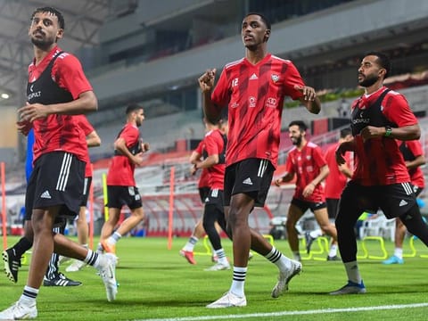 Members of the UAE football team during a training session.