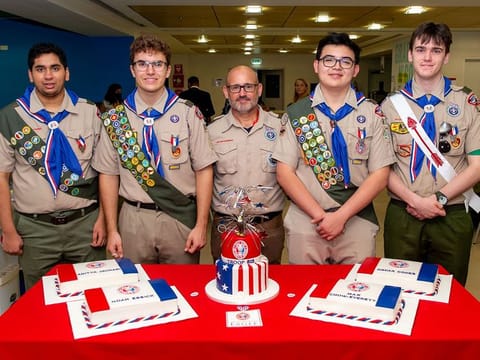(L to R) Aditya Jauhari, Noah Essick, Sean Riordan (Scoutmaster, Troop 813), Max Chow Everett, and Oscar Codes-Bodien