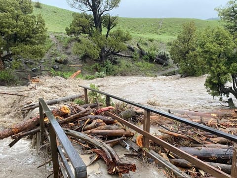 In this photo provided by the National Park Service, is a washed out bridge from flooding at Rescue Creek in Yellowstone National Park, on June 13, 2022.
