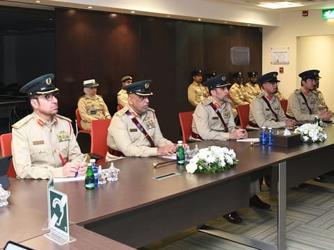 Lieutenant General Abdullah Khalifa A Marri (centre), Commander-in-Chief of Dubai Police, during his inspection visit to Al Barsha Police Station