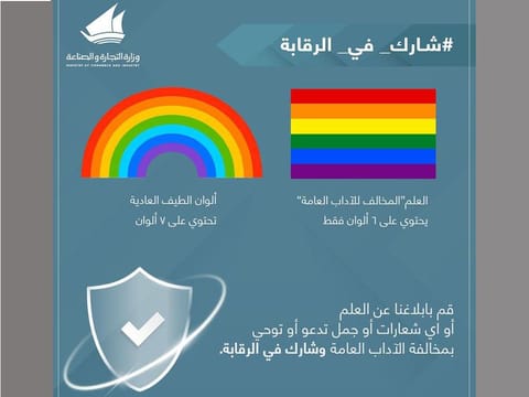 Graph posted in Arabic by the Kuwaiti Ministry of Commerce and Industry calling for reports about the LGBT flag and symbols