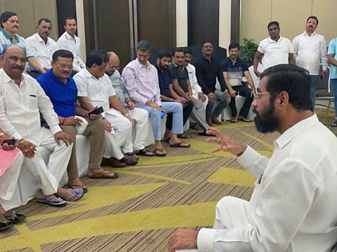 Rebel Maharashtra Shiv Sena MLAs unanimously chose party leader Eknath Shinde as their leader, at the Radisson Blu Hotel, in Guwahati on Thursday, June 23, 2022.