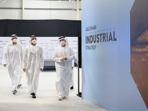 Sheikh Khaled bin Mohamed bin Zayed, Member of Abu Dhabi Executive Council and Chairman of Abu Dhabi Executive Office and Dr. Sultan Al Jaber, Minister of Industry and Advanced Technology and Chairman of Emirates Development Bank at the launch of Abu Dhabi Industrial Strategy.