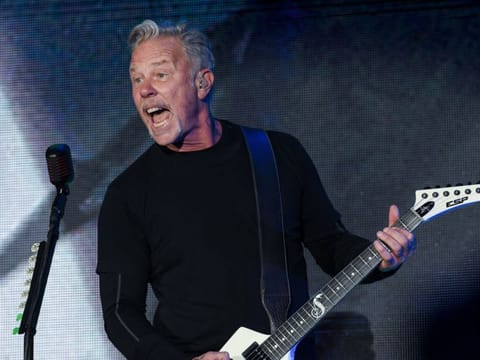 Guitarist James Hetfield of US band Metallica performs on the main stage during the Hellfest Summer Open Air rock festival in Clisson, western France, on June 26, 2022.
