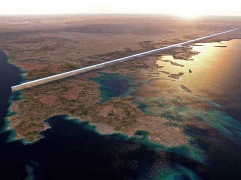 The design for the 500-metre tall parallel structures, known collectively as The Line, in the heart of the Red Sea megacity Neom. The futuristic megacity in Saudi Arabia will feature two massive, mirror-encased skyscrapers that extend over 170 kilometres of desert and mountain terrain, ultimately housing nine million people.