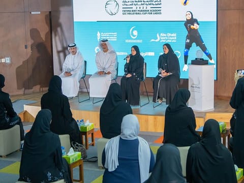 From left: Awad Al Mansoori, Talal Al Hashemi, Amal Al-Afifi and Fatima Al Ameri, Representative of FBMA during the press conference to announce the details of the GCC Volleyball Cup for Ladies.