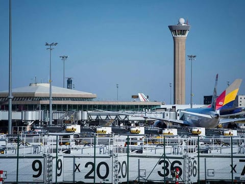 This file photo taken on August 06, 2018 shows a general view with the central control tower at Roissy-Charles-de-Gaulle Airport, north of Paris.