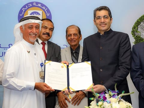 Dr Eesa Bastaki and Dr Aman Puri after the MoU signing ceremonyfor the student exchange programme in Dubai on Monday