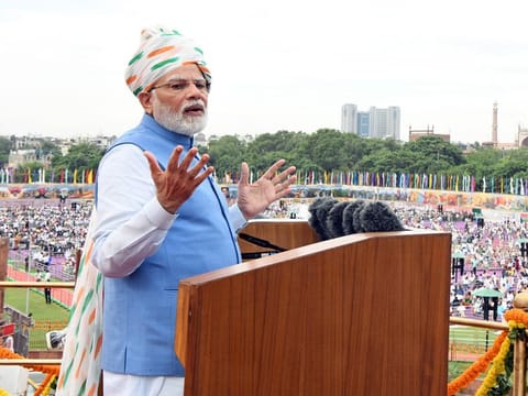Narendra Modi, India’s prime minister, speaks at the nation’s Independence Day ceremony at Red Fort in New Delhi on August 15, 2022. He outlined five pledges to the nation: development and progress, the end of the slavish or colonised mindset, respect for the nation’s heritage and culture, unity and solidarity, and, finally, the citizens’ duty and discipline.