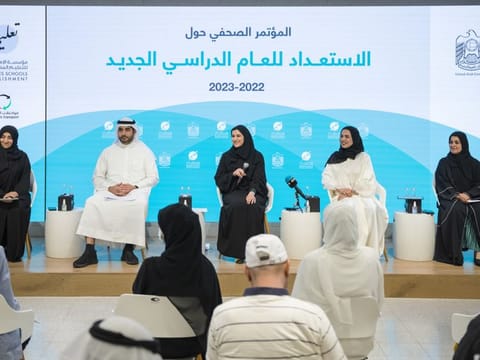 Lubna Al Shamsi, acting executive director of School Operations Sector– Abu Dhabi; Mohammed Al Qasim, acting director general of Emirates School Establishment; Sarah Al Amiri, Minister of State for Public Education and Advanced Technology and chairperson of the Board of Directors of the Emirates School Establishment; Faryal Tawakul, acting CEO of Emirates Transport; Hessa Rasheed, acting executive director of School Branch 2
