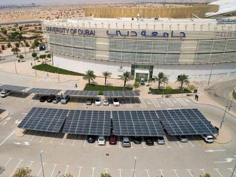 An aerial view of a portion of the Solar Farm Project on the University of Dubai Campus. The university thrives as first LEED-certified net-zero energy building in region