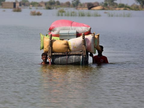 Flood-affected people use cot to salvage belongings from their nearby flooded home caused by heavy rain, in Qambar Shahdadkot district of Sindh Province, of Pakistan