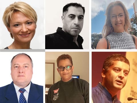 Laura Everest (left column top), Mike Cheetham (left column bottom), Haroon Ali (centre column top), Mitchell Perera (centre column bottom), Justine Welch (right column top), and Anoop Bhargava (right column bottom)