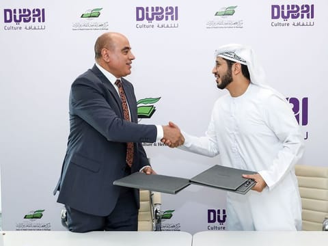 Dr Saeed Mubarak bin Kharbash (right) from Dubai Culture and Dr Mohamed Kamel Gad from Juma Al Majid Centre for Culture and Heritage during the signing ceremony
