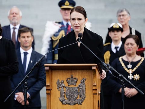 New Zealand's Prime Minister Jacinda Ardern speaks during a Proclamation of Accession ceremony for Britain's King Charles III at the Parliament in Wellington on September 11, 2022.