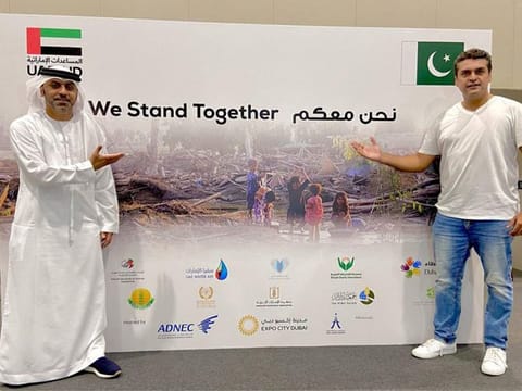 UAE Ambassador Hamad Al Zaabi with Pakistani actor and social activist Fakhr-e-Alam at the initiative to prepare food packs for flood-affected people of Pakistan on September 12, 2022.