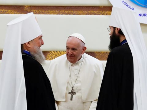 Pope Francis meets Bishop Anthony of the Russian Orthodox Church on the day of the VII Congress of Leaders of World and Traditional Religions at the Palace of Independence in Nur-Sultan, Kazakhstan, on September 14, 2022.
