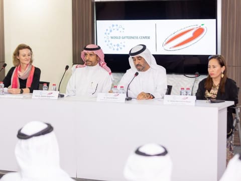 Hamdan Bin Rashid Al Maktoum Foundation's secretary-general Dr Jamal Al Muhairi (second from right) with the winners at a press conference in Dubai on Wednesday