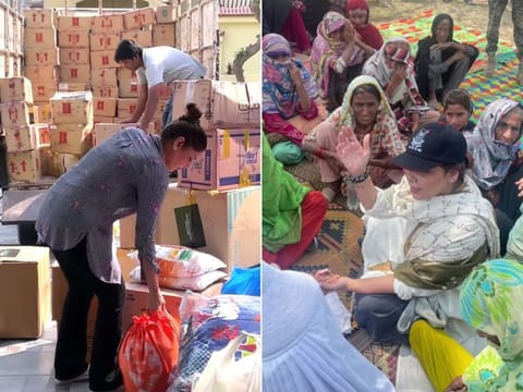 Pakistani celebrity Hadiqa Kiani visits flood-affected areas to provide relief to the victims.