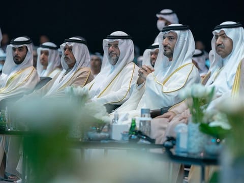 (third from right) Sheikh Sultan bin Mohammed bin Sultan Al Qasimi, Crown Prince and Deputy Ruler of Sharjah and Chairman of Sharjah Executive Council; Sheikh Sultan bin Ahmed bin Sultan Al Qasimi (second from right), Deputy Ruler of Sharjah and Chairman of the Sharjah Media Council; and Sheikh Nahyan bin Mubarak Al Nahyan (fourth from right), UAE Minister of Tolerance and Coexistence, at the opening ceremony of IGCF 2022 at Expo Centre Sharjah