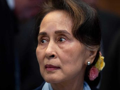 Myanmar's leader Aung San Suu Kyi waits to address judges of the International Court of Justice in The Hague, Netherlands, Dec. 11, 2019.