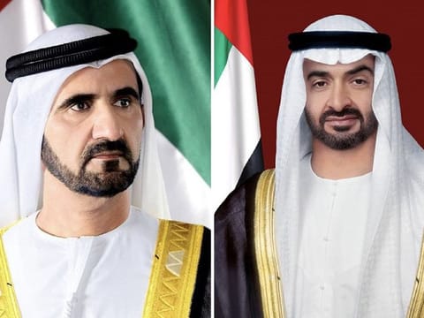UAE President His Highness Sheikh Mohamed bin Zayed Al Nahyan, right, and His Highness Sheikh Mohammed bin Rashid Al Maktoum, Vice President and Prime Minister of the UAE and Ruler of Dubai