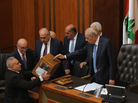 Lebanese Parliament Speaker Nabih Berri casts his vote during a session to elect a new President in Beirut on September 29, 2022.