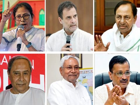 Clockwise from top left: Mamata Banerjee, Rahul Gandhi, KCR Rao, Arvind Kejriwal, Nitish Kumar and Naveen Patnaik