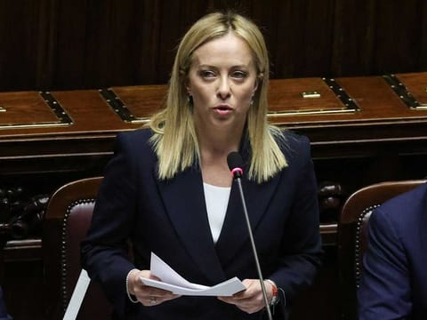 Giorgia Meloni, Italy's new prime minister, speaks during a parliamentary session inside the Chamber of Deputies, the lower house of parliament, ahead of a confidence vote in Rome, Italy, on Tuesday, Oct. 25, 2022.