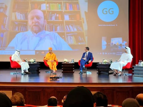 (L to R) Ali Bin Al Sayed Abdulrahman Al Hashim, Advisor on Judicial and Religious Affairs, UAE Presidential Court and Member of the Islamic Research Complex at Al-Azhar Al-Sharif; Brahmavihari Swami, Head of BAPS Hindu Mandir and International Coordinator of BAPS Organisation; Rabbi Yehuda Sarna, Chief Rabbi of the Jewish Community of the Emirates; Omar Ghobash, Assistant Minister of Foreign Affairs and International Cooperation for Culture and Public Diplomacy, and UAE Ambassador to the Holy See. On screen is Bishop Paolo Martinelli, The Apostolic Vicar of Southern Arabia (Head of the Catholic Church in UAE, Oman, and Yemen)